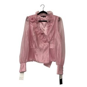 Chetta B Womens Blouse Sheer Pink Ruffle Pleated Long Sleeve Polyester Sz 14 NWT